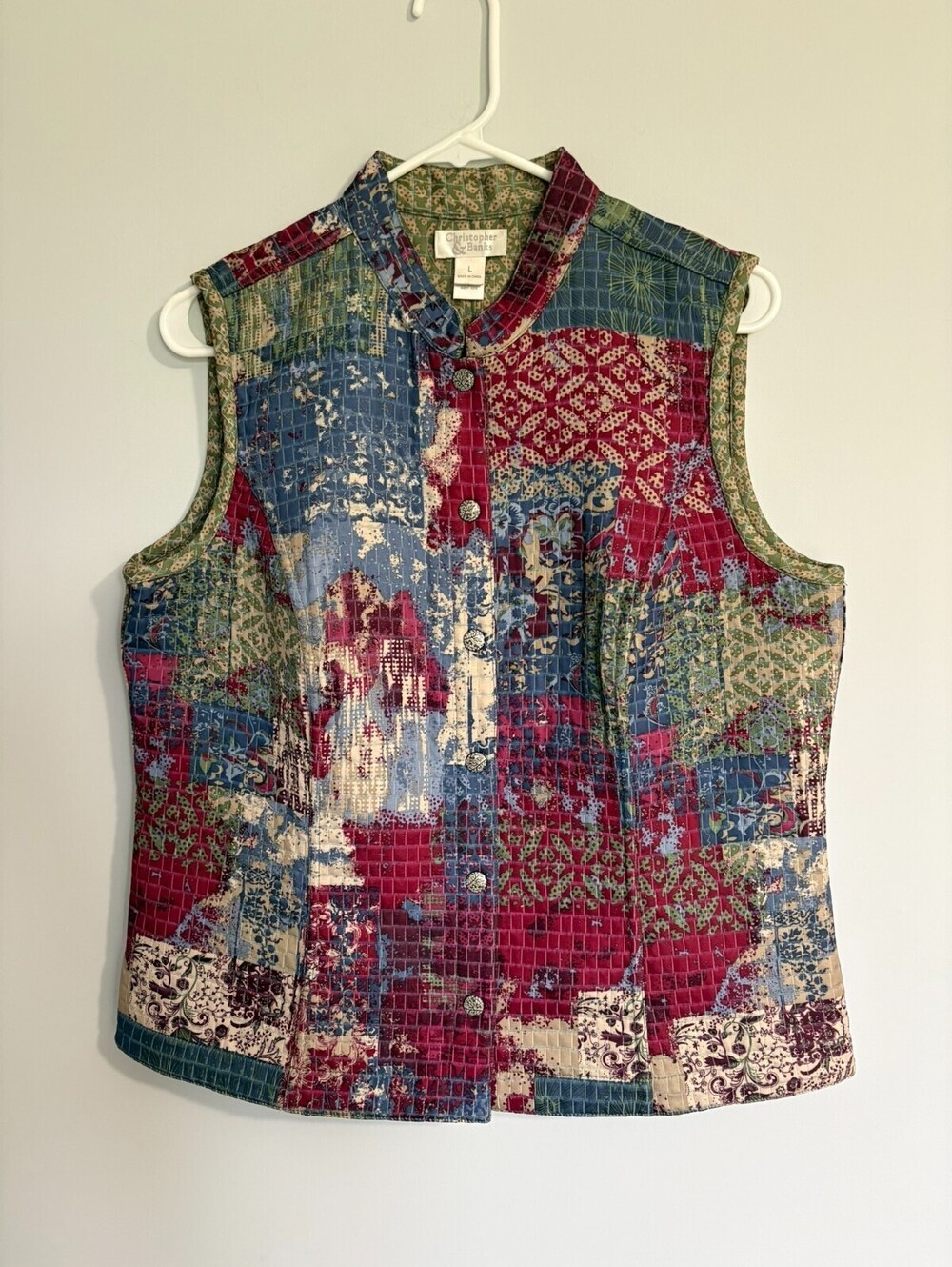 Christopher & Banks Quilted Reversible Vest XL Watercolor Green Silver Snaps